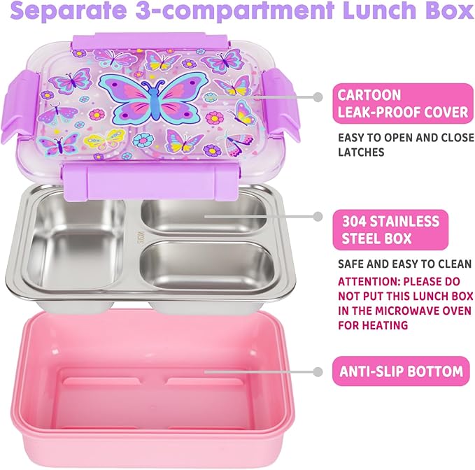 Stainless Steel Bento Lunch Box for Kids, 710ml/23.5oz BPA-Free Leak-Proof Food Containers with 3 Compartments, Back to School Students Daycare Lunches Snack Container Size for Ages 3-7