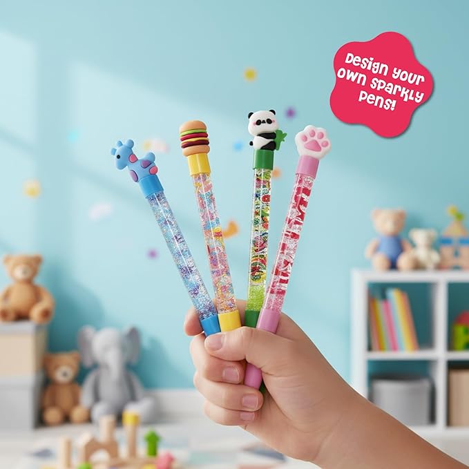 DINO MINI My Sparkly Pens - DIY Pen Creation Set with 7 Custom Decorations and 4 Toppers - Creative Art and Craft Kits for Kids - DIY Crafts for Kids - Back to School Gifts for Tweens