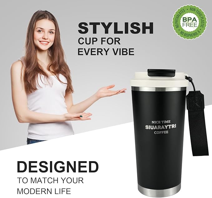 20oz Tumbler Stainless Steel Vacuum Insulated Coffee Travel Mug Reusable Iced Coffee Cup Hot Coffee Travel Mug with lid and straw Cupholder Friendly Leak-Proof BPA Free (Black)