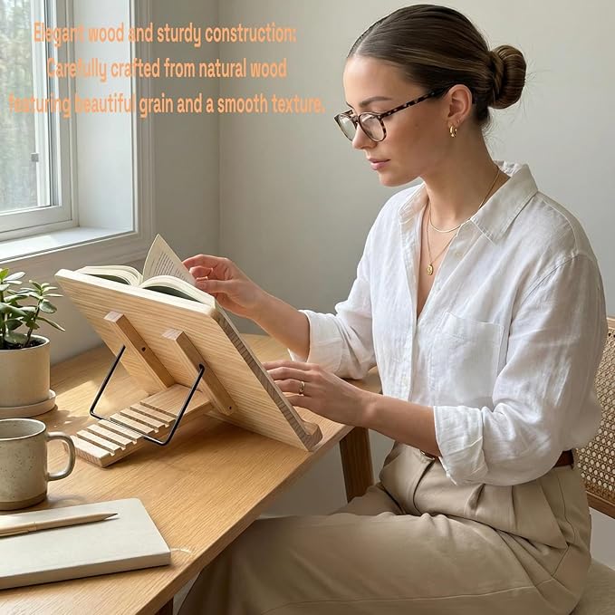 Adjustable Wood Reading Book Stand, Portable Book Holder with Page Stoppers, Ergonomic Desk Book Holder for Reading, Studying, Cooking, Textbook & Recipe Display(13.4x9.45inch)