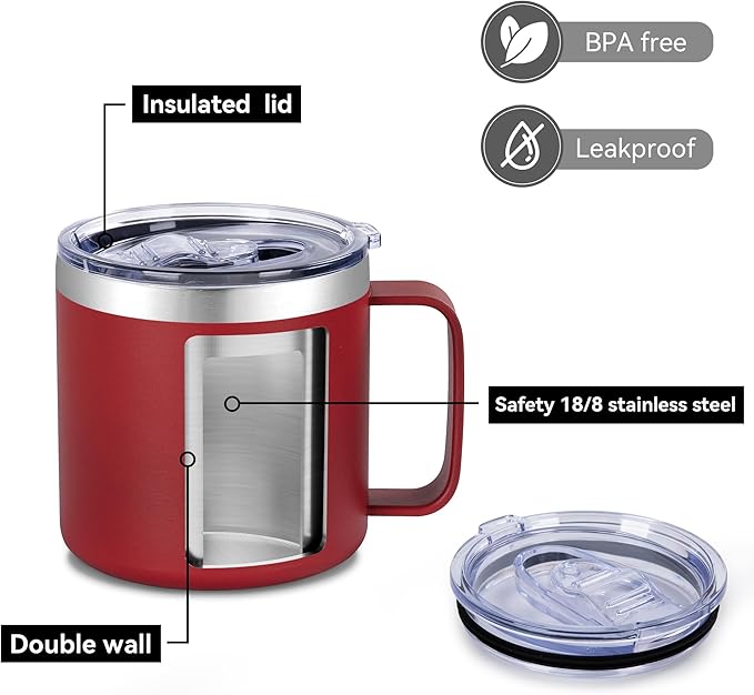 VEGOND 14 oz Insulated Coffee Mug with Handle, Stainless Steel Travel Coffee Mug with Lid, Double Wall Vacuum Metal Coffee Cup, Coffee Tumbler Powder Coated, Red 1 Pack