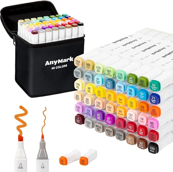 AnyMark Alcohol Markers, 48 Colors Dual Tip Art Coloring Markers Set for Adult Book Drawing Sketching Painting, Chisel & Fine, White Penholder