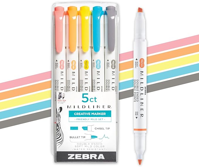 Zebra Pen Mildliner Dual-Tip Highlighter Set, Broad and Fine Tips, No Bleed, Ideal for Bible Highlighting, Journaling, Note-Taking and School Supplies, Assorted Friendly Ink Color, 5-Pack (78505)