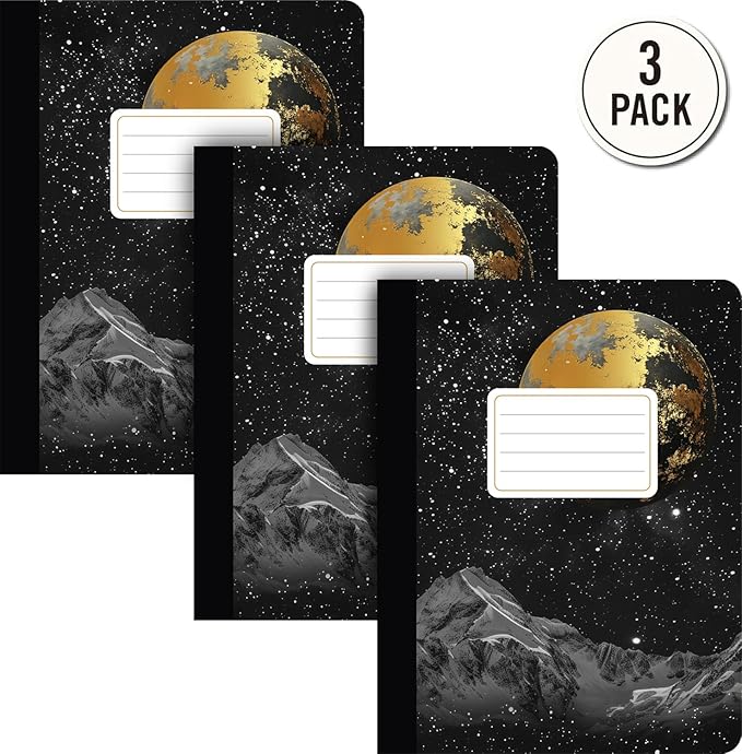 Jainzy Composition Notebooks, 3 Pack - 9.75 x 7.5 inches, College Ruled 140 Pages, Gold Foil Design