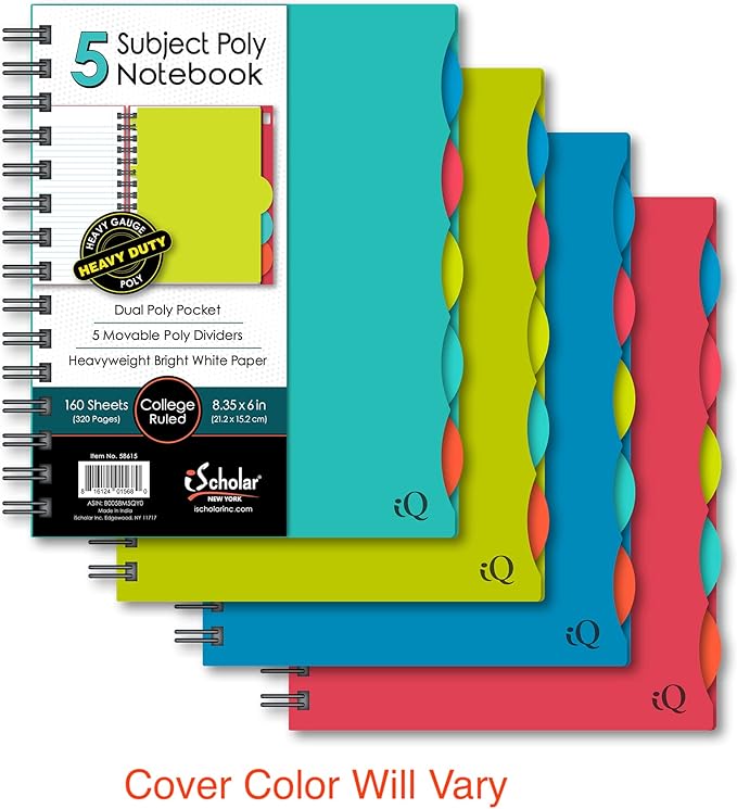iScholar 5 Subject Poly Cover Double Wire Notebook, 8.35 x 6 Inches, Cover Color May Vary (58615)160 Sheets , Assorted