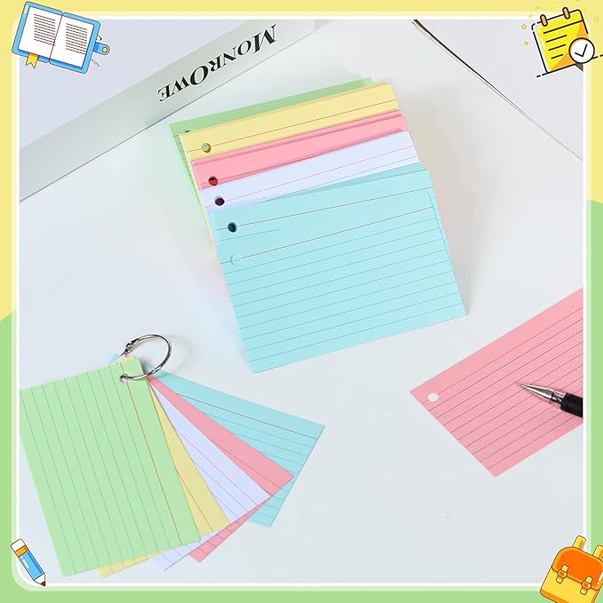 250 Count Index Cards 3x5 Inch Heavyweight Colored Flash Cards with Ring Study Flashcards Note Cards for Studying School College Supplies