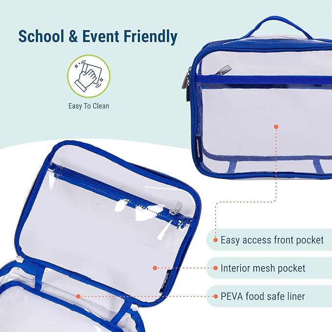 Wildkin Kids Insulated Lunch Box, Keeps Food Hot or Cold, BPA-Free with Mesh Pockets & Easy-Clean Lining – Ideal for School, Travel & Daycare – Clear w/Blue Trim