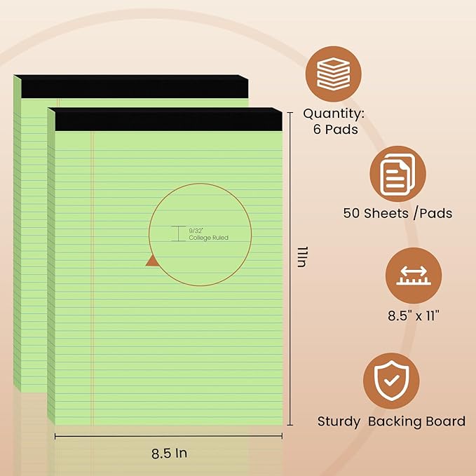 6Packs Legal Pads 8.5 x 11 Inch, 50Sheets/Pack, College Ruled & Perforated Colored Writing Pads, Pads of Paper 8.5 x 11, Lined Note Pads with Sturdy Backing for Office, Business & School Supplies