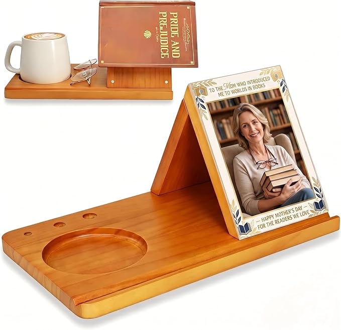 Wooden Triangle Book Stand with Cup Holder 4"x6" Acrylic Picture Frame for Family Frame - Multifunctional Reading Valet Book Rest for Desk, Birthday&Mothers Day Gift for Reader and Book Lovers