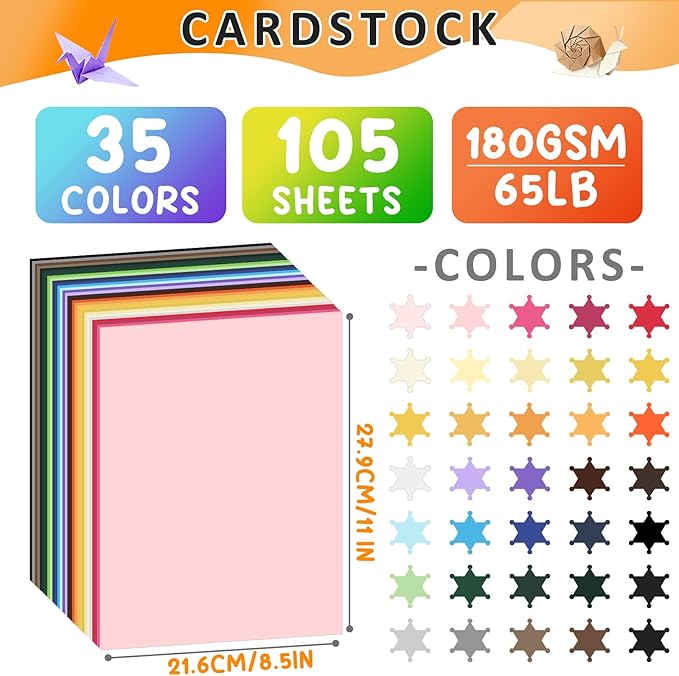 105 Sheets 8.5" X 11" Colored Card Stock Paper 35 Assorted Colored Cardstock Printer Construction Paper Card Making Supplies for Printer, Invitations, Scrapbooking, Diy Crafts (180gsm/65lb)