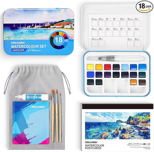 AUREUO Blue Watercolor Set - Marine Ocean Watercolor Paint Set with Brushes, Watercolor Postcards, Masking Pen, Tote Bag - Water Color Painting Kit for Adults, Beginners, Professional