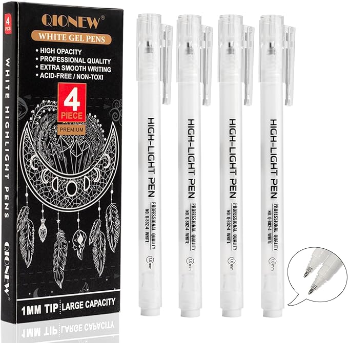 Qionew White Gel Pens,4 Pack, 1mm Fine Point Opaque White Archival Ink Pens,Gel Ink Pen Set,for Black Paper Drawing,Card Making, Art Highlight & Artists Drawing