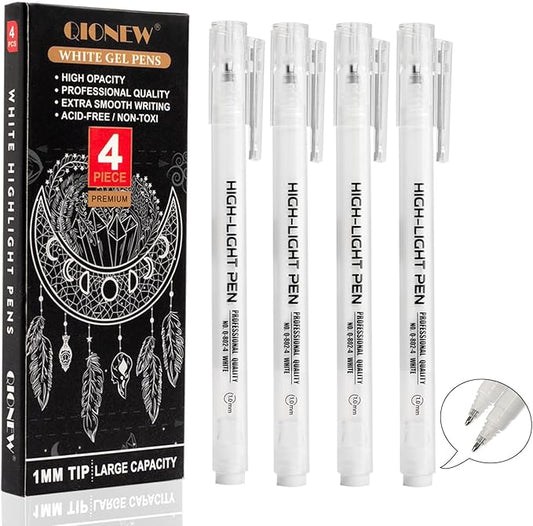 Qionew White Gel Pens,4 Pack, 1mm Fine Point Opaque White Archival Ink Pens,Gel Ink Pen Set,for Black Paper Drawing,Card Making, Art Highlight & Artists Drawing