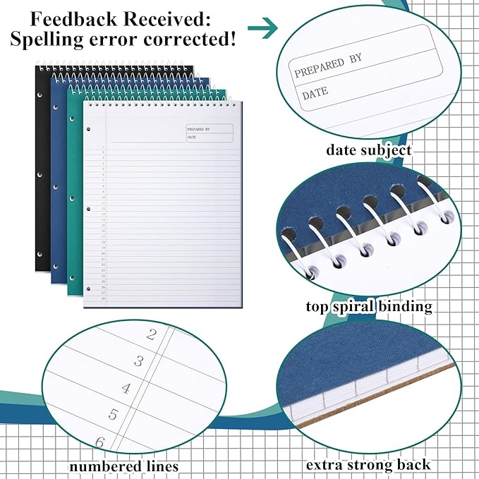 MotiMind 6 Pcs Top Bound Spiral Notebooks Project Planner with 3 Hole Punched, 8-1/2" x 11 College Ruled Notepad, 50 Sheets Legal Pads Hard Cardboard Paper Wirebound Notepad for Office School Business