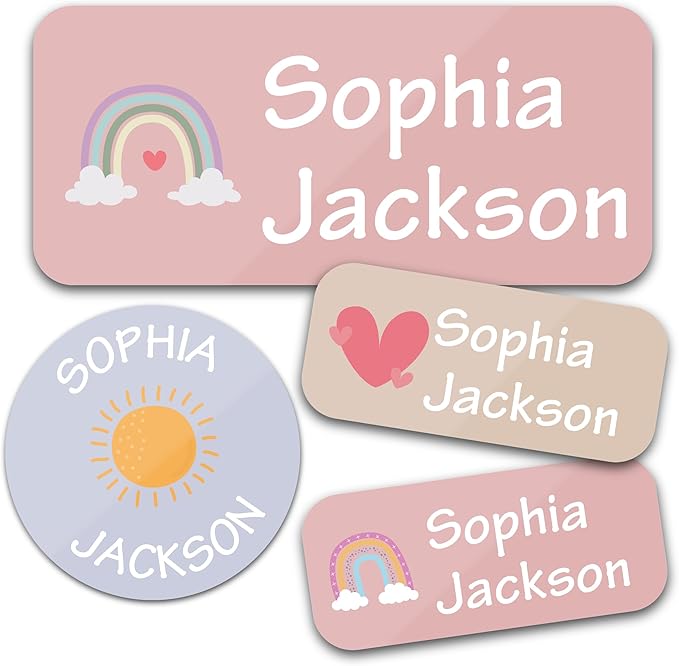 Bunny Badges Personalized Daycare Name Labels for Kids (130 Labels) - Custom Waterproof Name Stickers for Clothing Tags, Water Bottles, Lunch Boxes and School Supplies (Daydream)