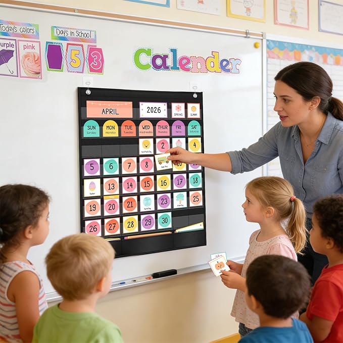Classroom Calendar Pocket Chart with 96 Laminated Cards, 46 Clear Pockets & 3 Storage Pockets, Ideal for Preschool Homeschool Learning