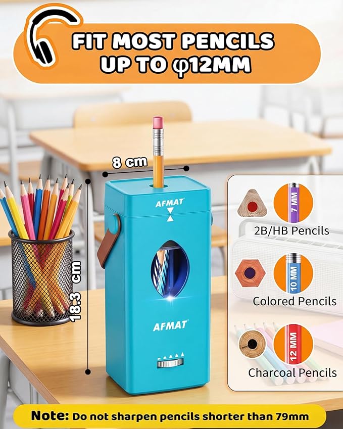 AFMAT Electric Pencil Sharpener, Fully Automatic Pencil Sharpener for 6-12mm No.2/Jumbo Pencils, Auto in & Out, 5 Sharpness Modes, Rechargeable Heavy Duty Sharpeners for Classroom/Home/Office PSC7