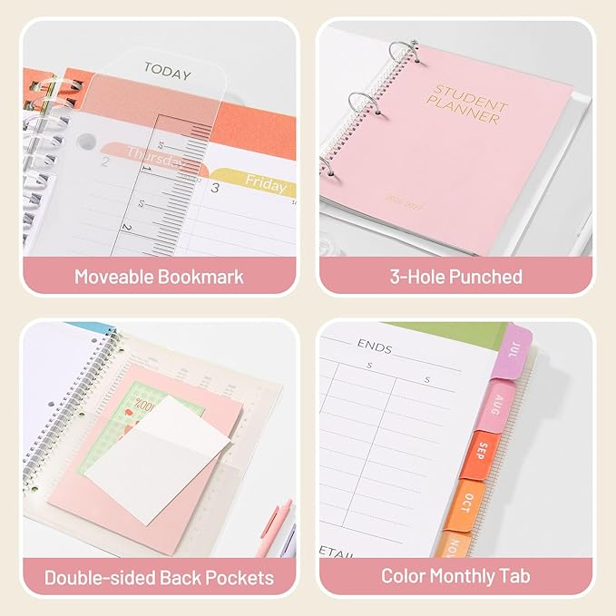 Student Planner 2026-2027, SUNEE Academic Weekly & Monthly Plan Book, Jul. 2026 - Jun. 2027, 8.5"×11" School Planner, Lesson Plan Book with Week's Goals, Bookmark, Monthly Tabs, 3-Hole Punched, Pink