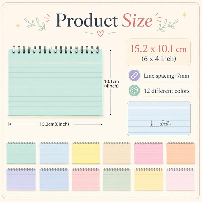 12 Packs Large Index Cards with Ring set 4x6 Colored College Ruled Notecards with Waterproof Covers Spiral Flashcards Spiral Index Card Set for Studying School Office Home Supplies(Pastel)