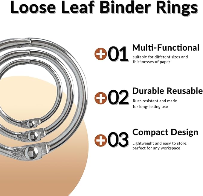 NEEWAY 40pcs Loose Leaf Binder Rings Assorted Sizes (0.75, 1, 1.2 Inch), Metal Rings for Index Cards, Flash Cards, Notebooks,Sliver