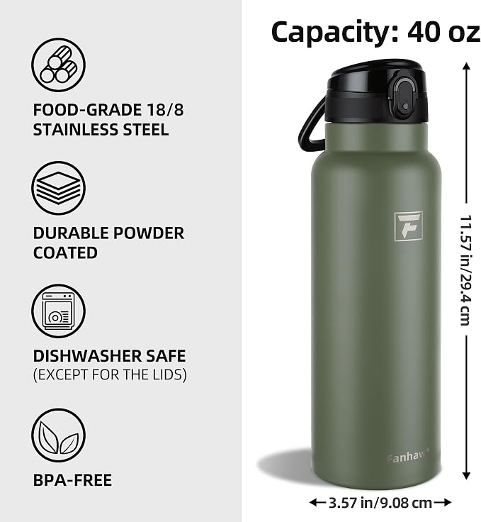 Fanhaw 40 Oz Insulated Stainless Steel Water Bottle with Chug Lid – Wide Mouth, Leak-Proof, BPA-Free – Ideal for Kids, Adults, Sports, Gym, and Outdoor Use (Olive Green)