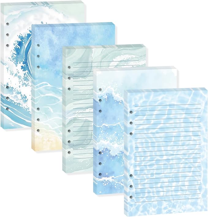 100 Sheets Ocean Waves A5 Planner Inserts - 120GSM Thick Blue Sea Refill Paper for A5 6-Ring Binder, Watercolor 6 Hole Loose Leaf Sheets for Journal Diary Notebook Budget Creative Planning