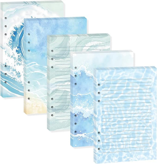 100 Sheets Ocean Waves A5 Planner Inserts - 120GSM Thick Blue Sea Refill Paper for A5 6-Ring Binder, Watercolor 6 Hole Loose Leaf Sheets for Journal Diary Notebook Budget Creative Planning