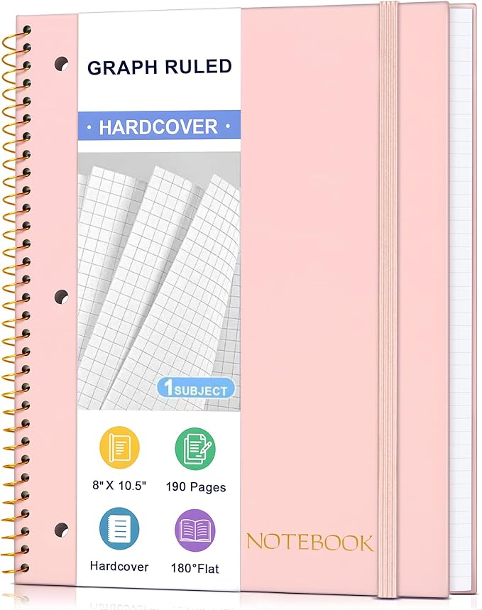 Spiral Notebook Graph Ruled Paper 8" x 10 1/2", 1 Subject Spiral Grid Notebook 3-Hole Punched Perforated Page Ideal for School, Office, Writing, 95 Sheets Lined Journaling Graphing Notebook, Pink