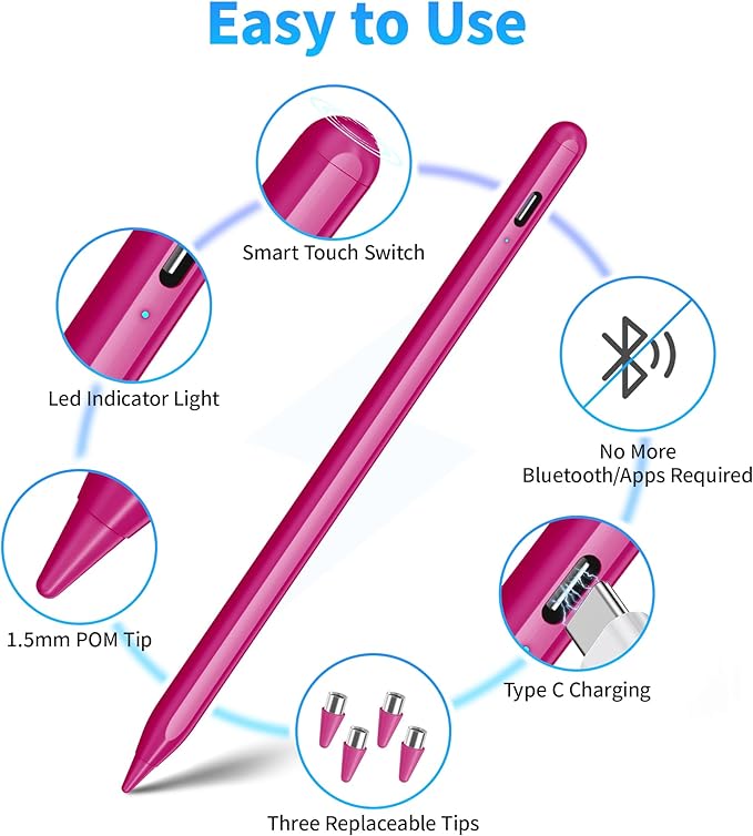 DRYMOKINI Pink Stylus Pen, Active Stylus Pen Touch Screens Compatible for Android and iOS Tablet/Phones, Rechargeable Universal Stylus Pencil Compatible for A-pple/i-Pad/Phone Tablet