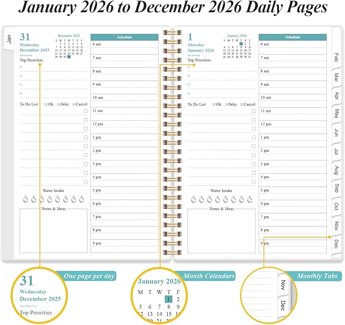 2026 Daily & Monthly Planner - One Page Per Day, Daily Planner 2026 from January 2026 to December 2026, Planner 2026 with 12 Monthly Tabs, 6.4" x 8.5", Rose Leaf