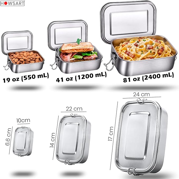 5 in 1 | Stainless Steel Bento Box & Cutlery Set & Snack Container – 19/41/81oz (550/1200/2400ml) – Nesting Metal Lunch Box for Office, Work, Travel – BPA Free Food Storage Lunchbox Tiffin for Adults