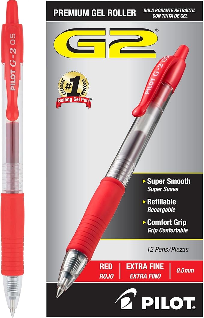 PILOT G2 Premium Refillable and Retractable Rolling Ball Gel Pens, Extra Fine Point, Red Ink, 12-Pack (31004)