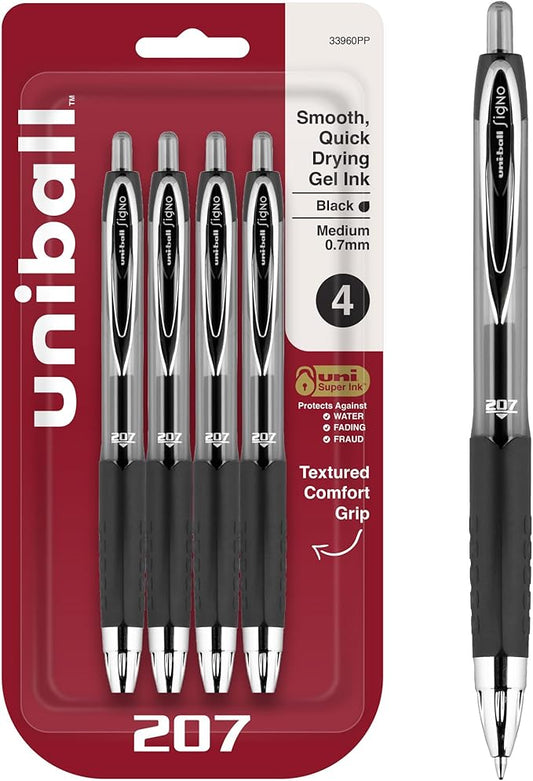uni-ball® 207™ Retractable Fraud Prevention Gel Pens, Medium Point, 0.7 mm, Black Barrels, Black Ink, Pack of 4