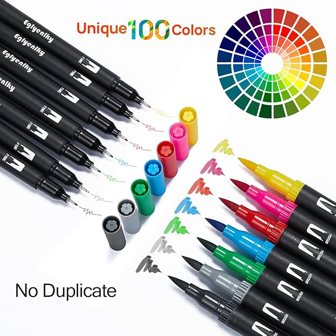 Eglyenlky Colored Markers for Adult Coloring Books, Dual Tip Brush Pens with 100 Watercolor Fine Tip Markers and Brush pens for Kids Drawing Calligraphy