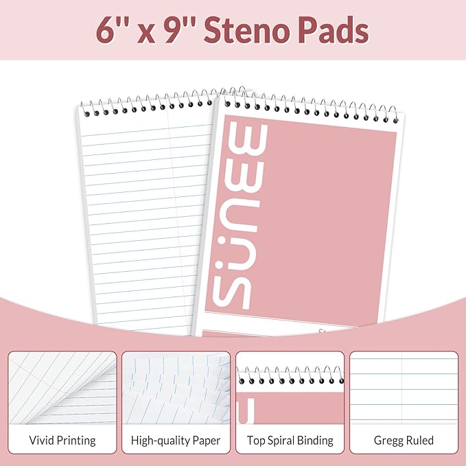 SUNEE Steno Pads 6x9 5 Pack, Gregg Rule, 60 Sheets, 5 Assorted Color Spiral Notebook 6x9, White Paper, Take Notes with Top Spiral Notebook, for School, University, College, Work, Office