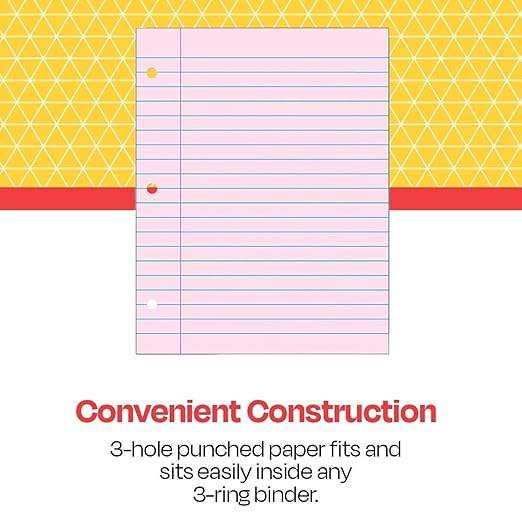 School Smart 3-Hole Punched Filler Paper, 8-1/2 x 11 Inches, Pink, 100 Sheets - 087155