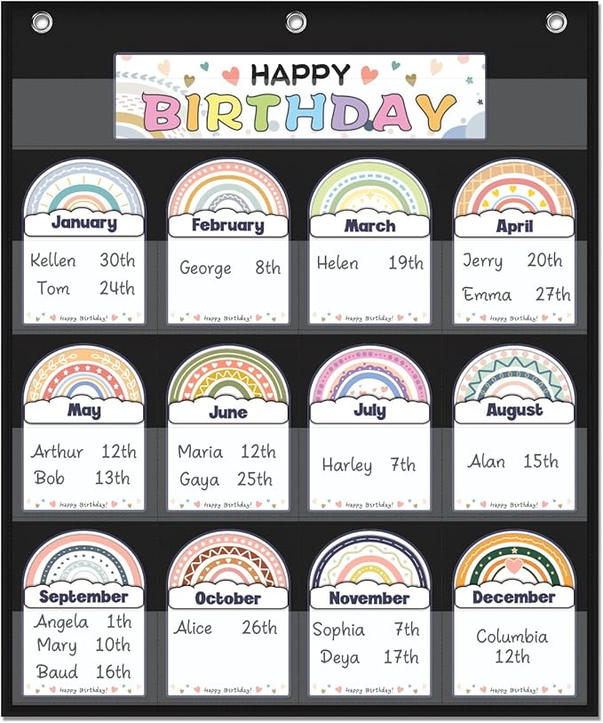 Classroom Birthday Pocket Chart, Birthday Poster for Classroom, Student Birthday Tracker, Classroom Decor (Black)