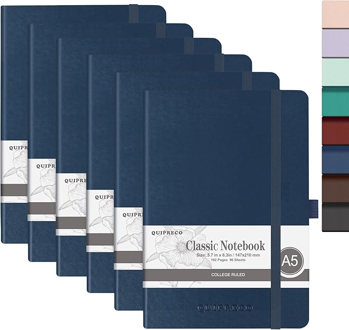 6Pack Lined Hardcover Journal Notebook, A5 192 Pages 100Gsm Thick Paper College Ruled for School,Note Taking,Work,Diary，5.7''*8.3'',Navy