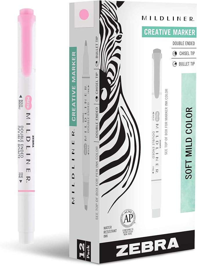 Zebra Pen Mildliner Dual-Tip Highlighters, Broad and Fine Tips, Ideal for Bible Highlighting, No Bleed, School Supplies, Teacher Supplies, and Office Supplies, Mild Pink Ink, 12-Pack (78170upc)