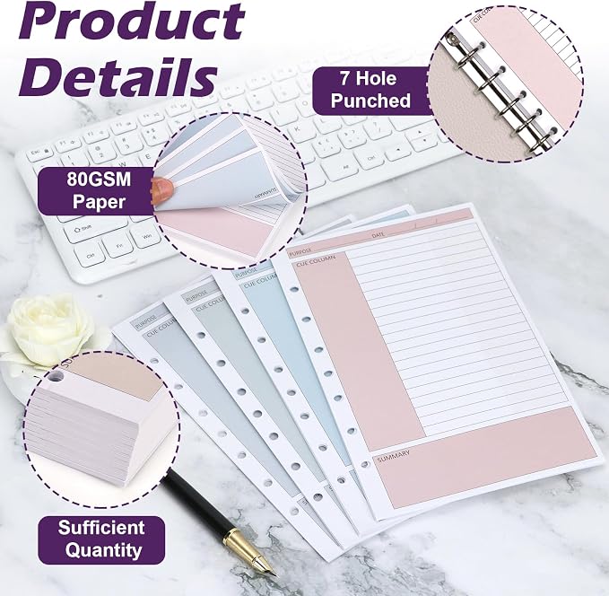400 Sheet 7-Hole 5.5" x 8.5" Lined Filler Paper for 3 or 7 Ring Binder College Ruled Cornell Notes Loose Leaf Paper for Mini Binders Half Letter Planner Refill Mini Binder Inserts for School Office