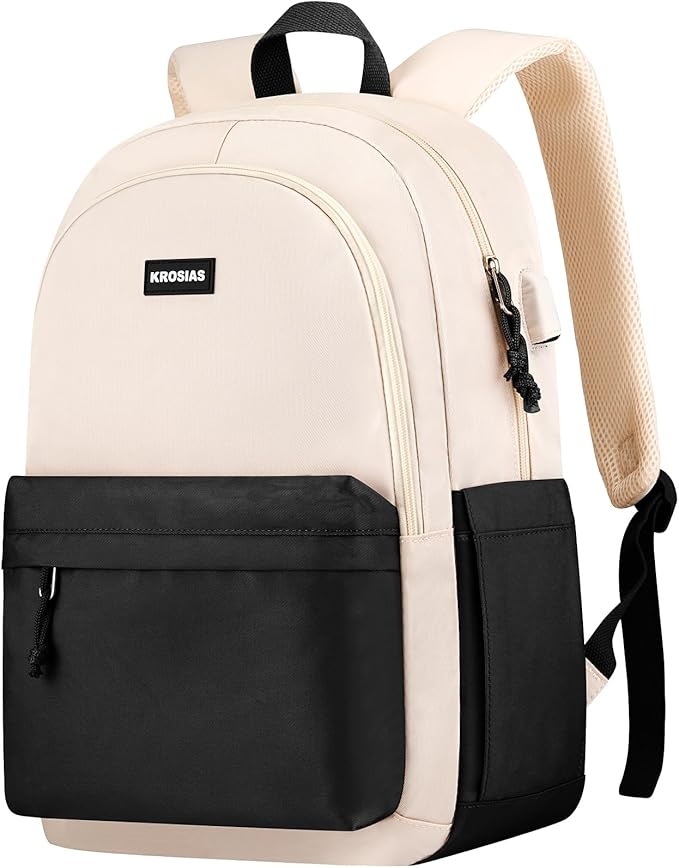 KROSIAS School Backpack for Teens Girls, Cute Student Bookbag Large 15.6 Inch Laptop Bag Aesthetic College Backpacks for Women High School Travel (Black Beige)