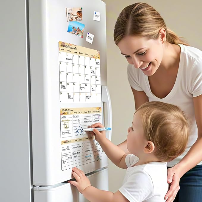 MARSROCK Refrigerator Calendar Magnetic, 16.3x11.7” (4-Pack) – Weekly & Monthly Planner, Chore Chart, Grocery/to-Do List for Fridge, Includes 8 Markers, 6 Magnets & 1 Eraser for Kitchen, Yellow