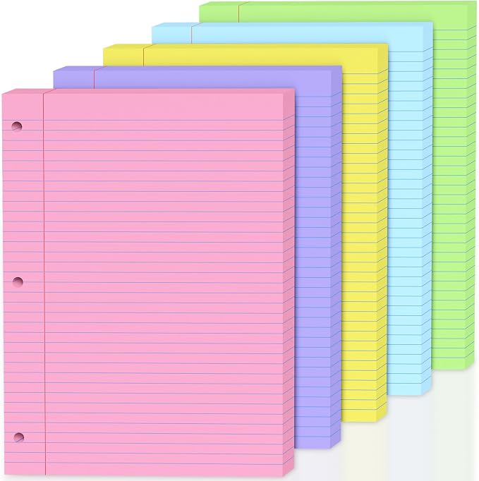 100 Sheets Colored 8x10.5 Inch Loose Leaf Paper, 5 Colored College Ruled 3 Hole Punched Notebook Paper, Color-Coded Note Taking for Students & Teachers, Office & School Supplies，20 Sheets Per Color