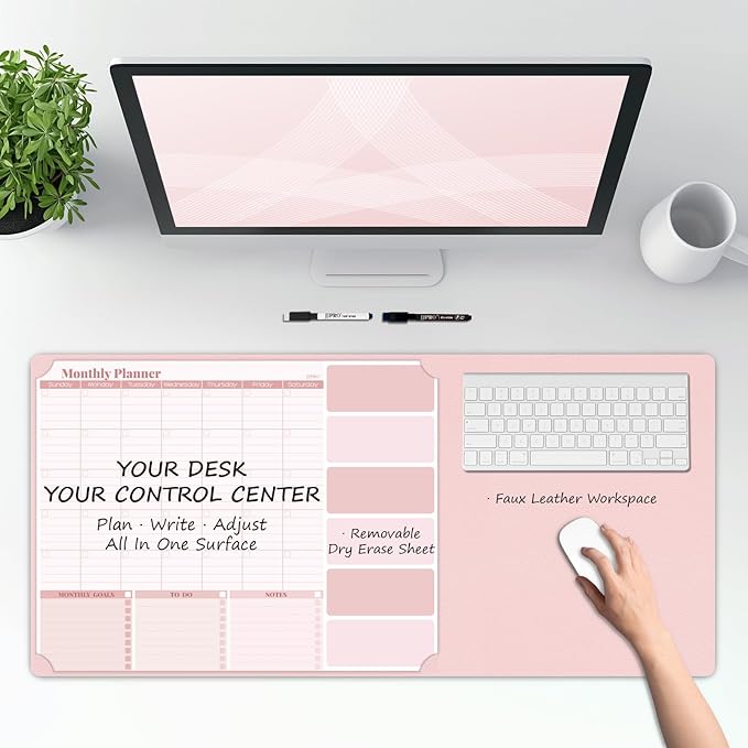 JJPRO Dual-Layer Pink Dry Erase Desk Mat,Large Multi-Use Dry Erase Desk Calendar, Erasable Desk Mat,Double-Sided Faux Leather Desk Pad,Reusable Desk Writing Board for Office, Home-16"x34"