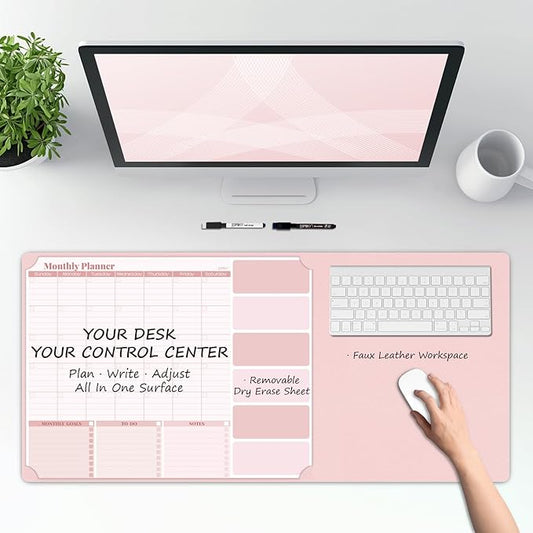 JJPRO Dual-Layer Pink Dry Erase Desk Mat,Large Multi-Use Dry Erase Desk Calendar, Erasable Desk Mat,Double-Sided Faux Leather Desk Pad,Reusable Desk Writing Board for Office, Home-16"x34"