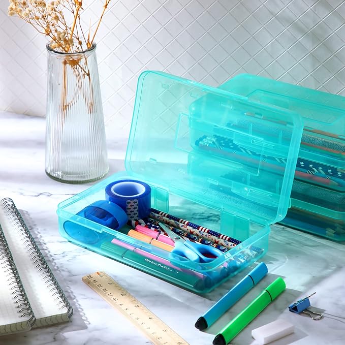 Leelosp 12 Pack Clear Pencil Boxes for School Bulk, Large Plastic Pencil Case with Lid, Stackable Hard Crayon Storage Box for Classroom Kids, Desk Drawer Organizer for Office Home(Jade)