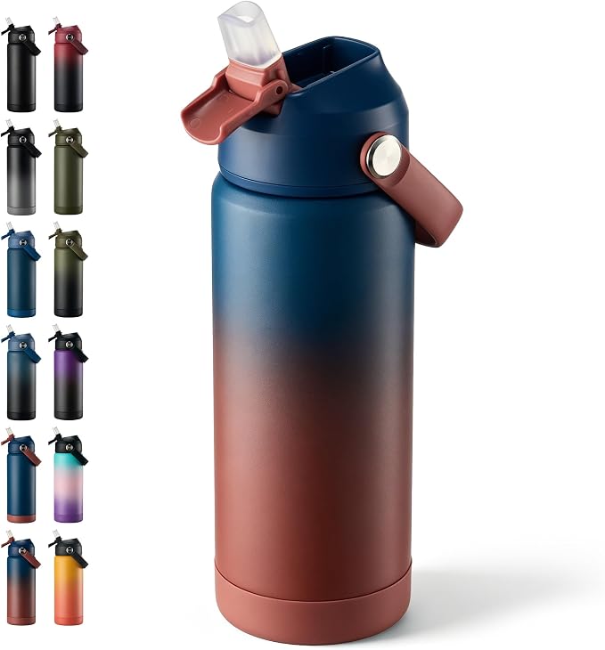 Fijinhom 18 oz Insulated Water Bottle with Straw Lid, Stainless Steel Water Bottles, Double Wall Vacuum, Portable Handle & Non-slip Bottom, BPA Free Leak Proof Metal Bottles, Keep Cold 24H, Blue/Red