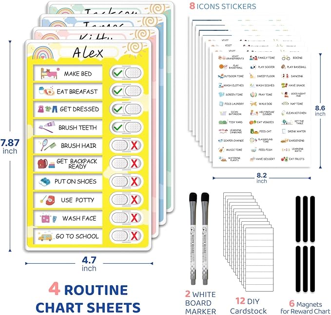 4 in 1 Namable Chore Chart for Kids, Dry Erase Morning/Bedtime Routine Chart for Kids for Refrigerator, Magnetic Visual Schedule for Kids Toddlers to Do List Checklist for Multiple Kids