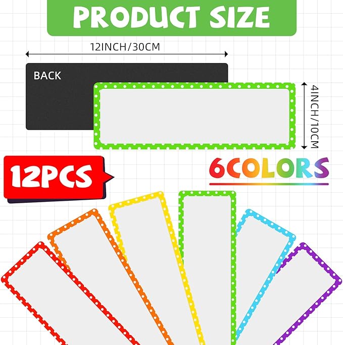 12 Pcs Large Magnetic Dry Erase Labels for Classroom, 12 x 4 Inch Rectangle Magnetic Name Plates Label Flexible Magnet Stickers for Whiteboards Refrigerator(Polka Dot,Style 6)