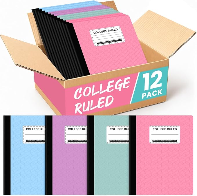 Taja College Ruled Composition Notebook 12 Pack School Supplies, 160 Pages